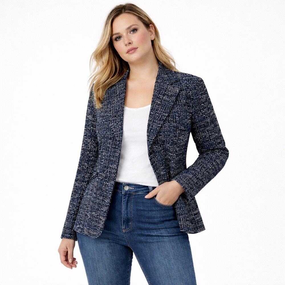 Cabi Size 4 Women's Tweed Blazer Jacket Black White Blue Zip Front Career Preppy